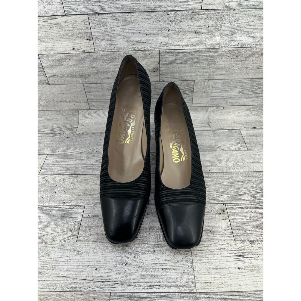 Salvatore Ferragamo Black Leather Striped Block Heel Pumps Shoes Womens 6.5 AA